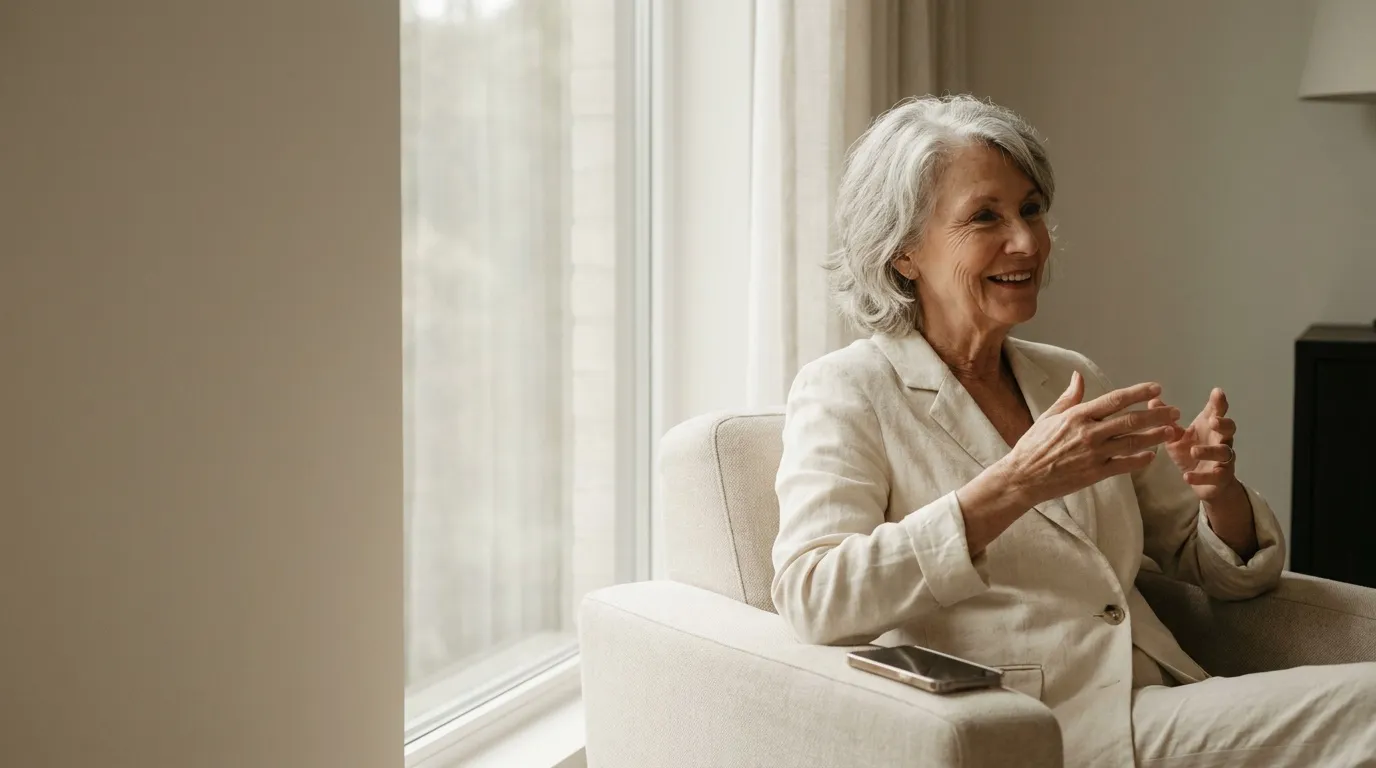 A woman in her seventies telling a story in an armchair by a window