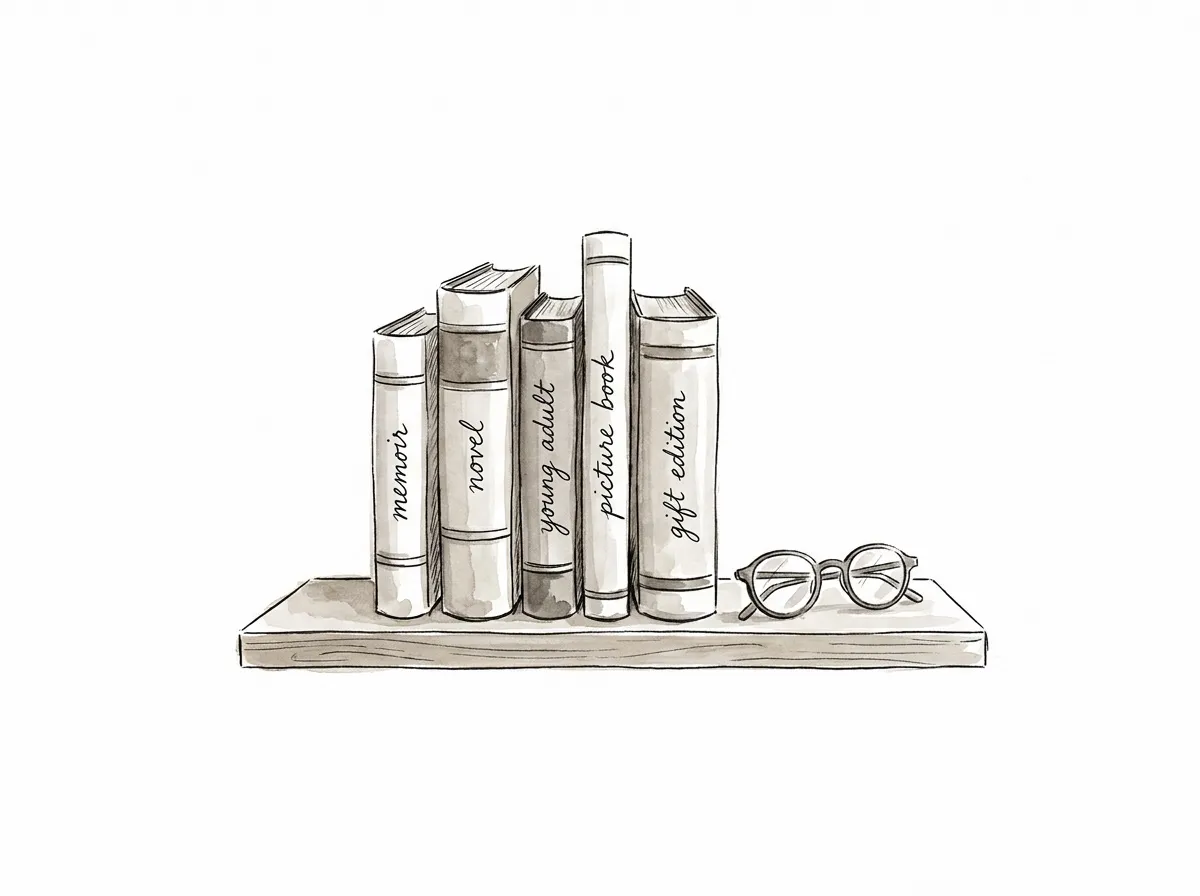 An ink sketch of five different books standing on a wooden shelf